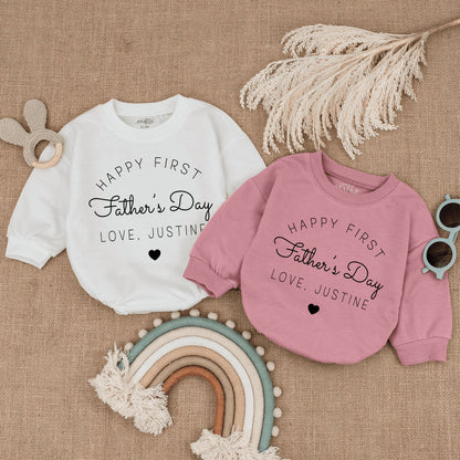 Happy First Father's Day Baby Bodysuit, Personalized with Name Love, Minimalist Infant Romper, Cute New Dad Gift, Soft Cotton Clothes (135 chars)