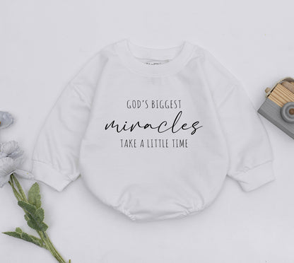 God's Biggest Miracles Take A Little Time Romper IVF Baby Outfit New Baby Shower Gift Pregnancy Announcement Worth The Wait Coming Home Outfit