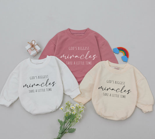 God's Biggest Miracles Take A Little Time Romper IVF Baby Outfit New Baby Shower Gift Pregnancy Announcement Worth The Wait Coming Home Outfit