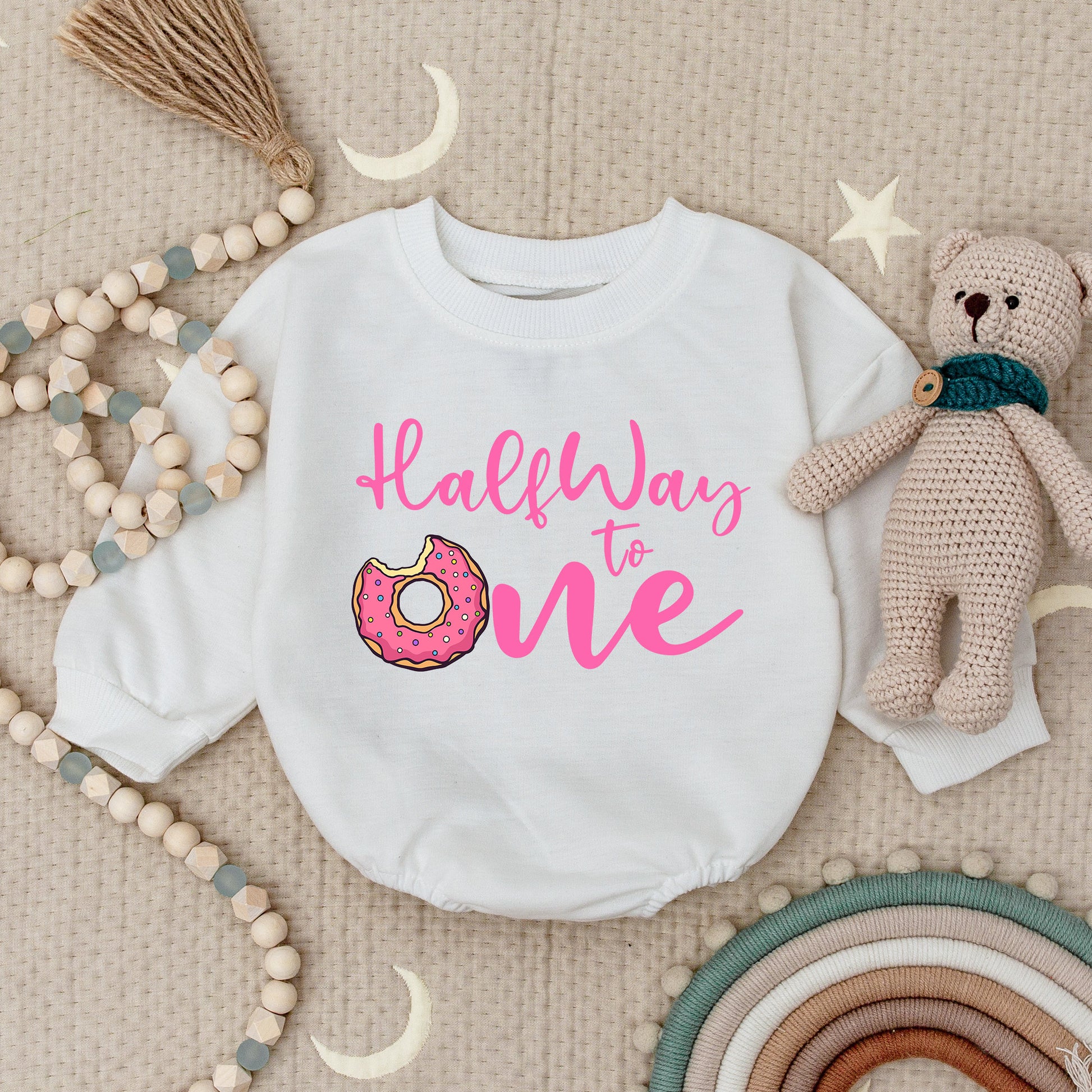 Sweet Half Way to One Donut Romper! Baby Girl's 1/2 Birthday Outfit, Sprinkles Bodysuit, Cute Donut Theme Party Clothes, Pink Donut Bodysuit (138 chars)