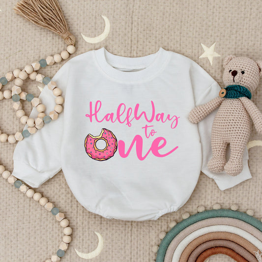 Sweet Half Way to One Donut Romper! Baby Girl's 1/2 Birthday Outfit, Sprinkles Bodysuit, Cute Donut Theme Party Clothes, Pink Donut Bodysuit (138 chars)