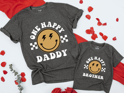 One Happy Dude Matching Birthday Shirt Bodysuit Romper for Baby Boy Retro Smiley Lightning Checkerboard Design First Birthday Celebration Family Gift