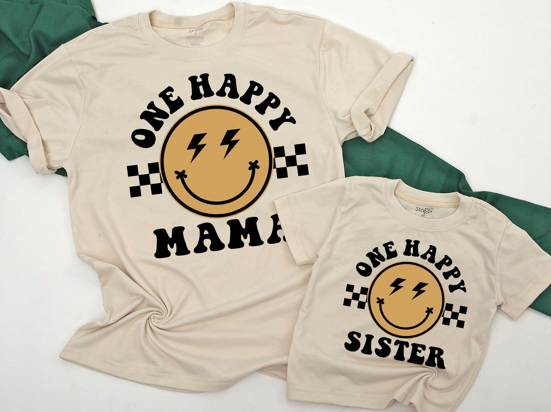 One Happy Dude Matching Birthday Shirt Bodysuit Romper for Baby Boy Retro Smiley Lightning Checkerboard Design First Birthday Celebration Family Gift