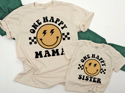 One Happy Dude Matching Birthday Shirt Bodysuit Romper for Baby Boy Retro Smiley Lightning Checkerboard Design First Birthday Celebration Family Gift