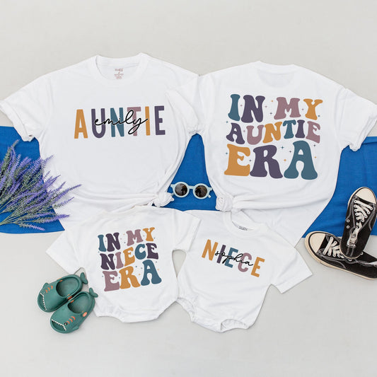 In My Auntie Era Retro Shirt, Matching Niece Nephew Family Outfit, Cute Auntie Gift, Block Font Sweatshirt, Baby Shower Tee, Comfortable Cotton (136 chars)