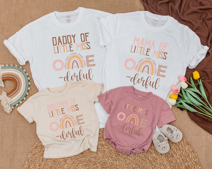 Boho Rainbow First Birthday Shirt Little Miss ONEderful Cake Smash Outfit Girls Birthday Family Matching Rainbow