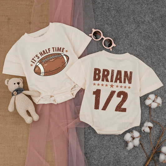 Personalized Football It's Halftime Bubble Romper Baby Half Birthday Outfit Gameday Short Sleeve Bodysuit Summer Infant Clothes