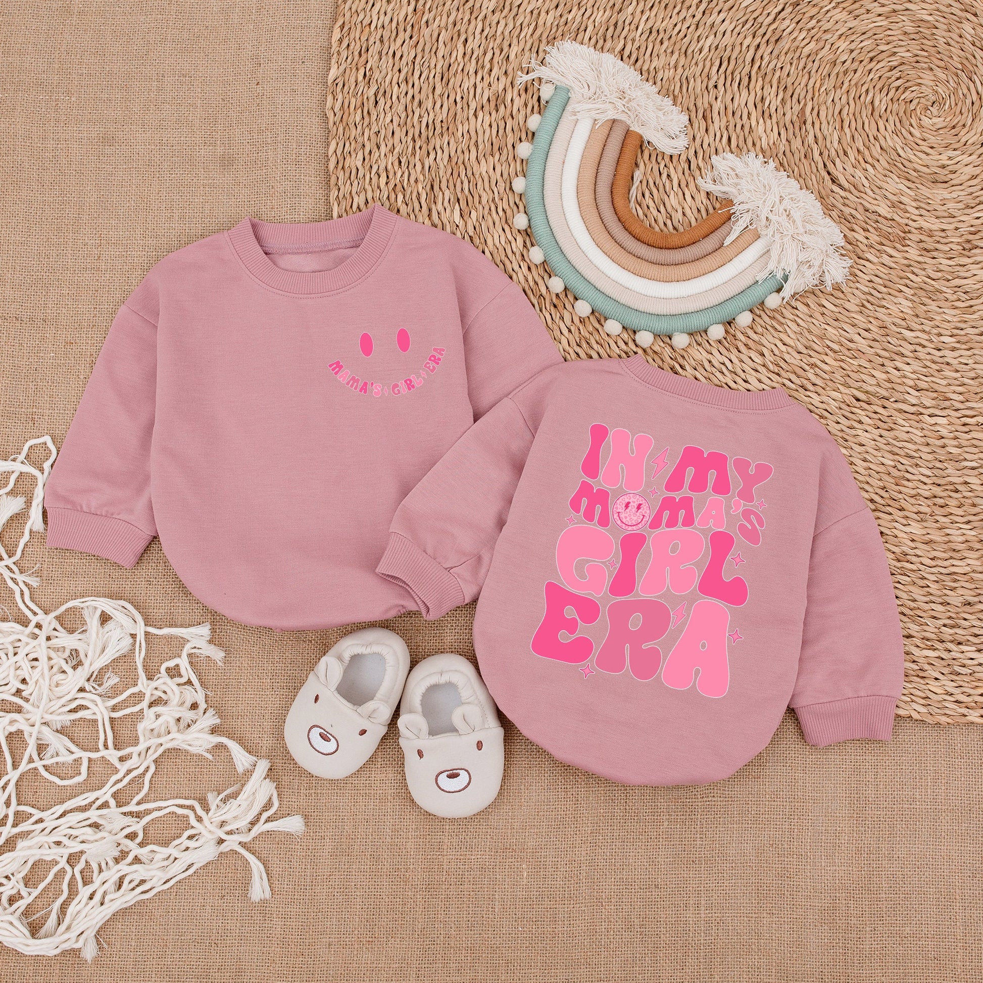 Mama's Girl Era Romper Baby Girl Outfit with Pink Retro Design, Smiling Face, Star Graphics, Baby Shower Gift
