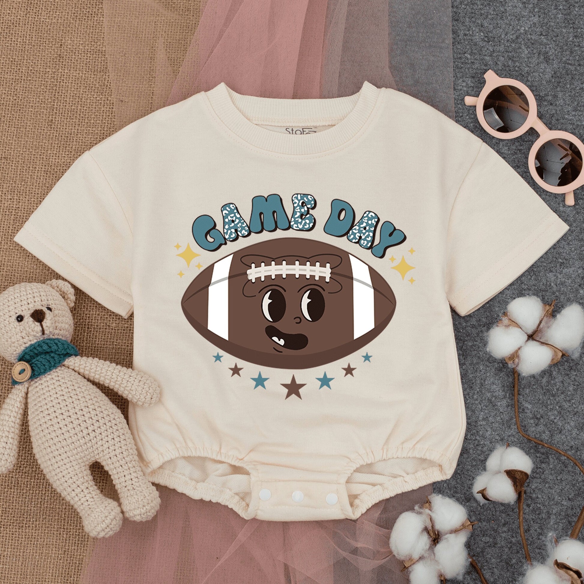 Retro Game Day Baby Romper: Leopard Print Football Fun! Short Sleeve Bodysuit for Little Fans,  Perfect Football Season Outfit, Gender Neutral Gift