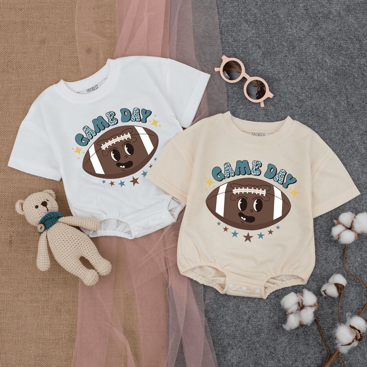 Retro Game Day Baby Romper: Leopard Print Football Fun! Short Sleeve Bodysuit for Little Fans,  Perfect Football Season Outfit, Gender Neutral Gift