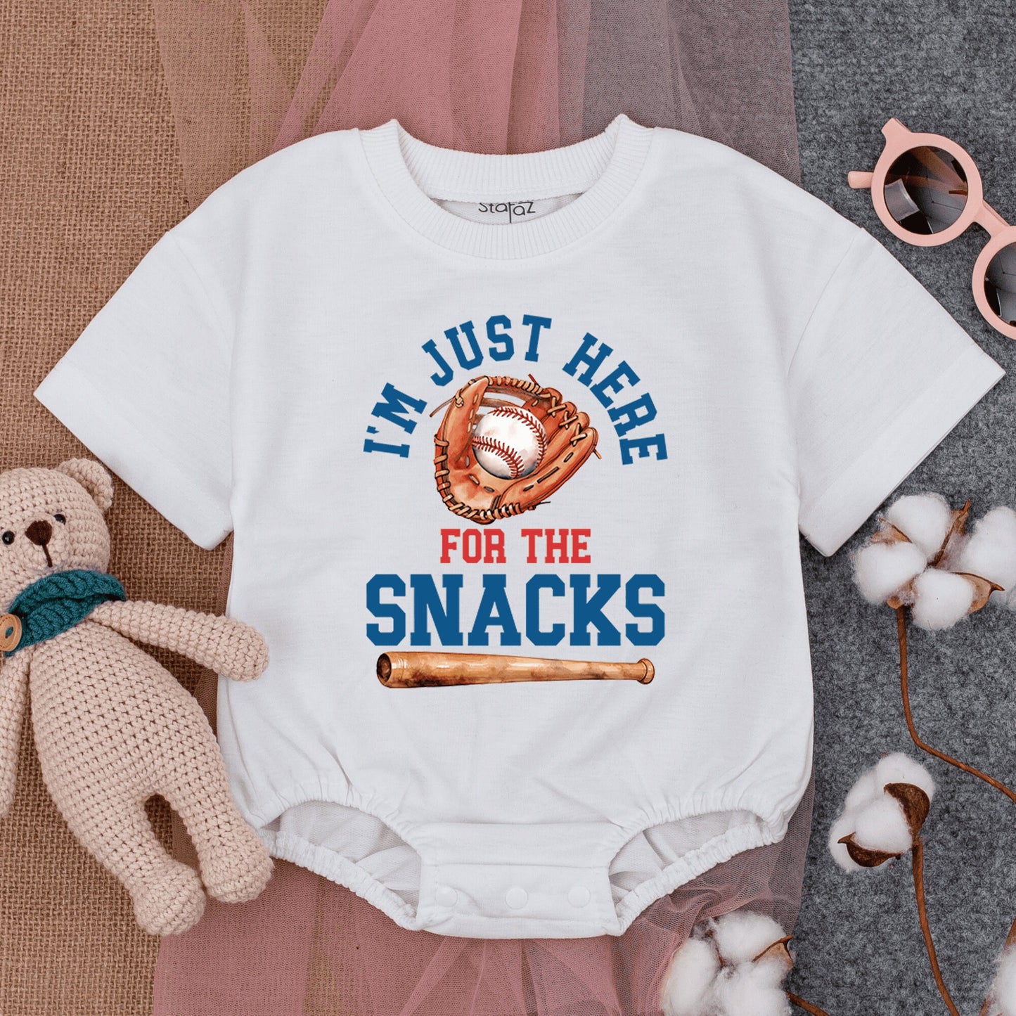 I'm Just Here For The Snacks Bubble Romper Baby Toddler Baseball Game Outfit Short Sleeve Cute Comfort Cotton Summer Playwear