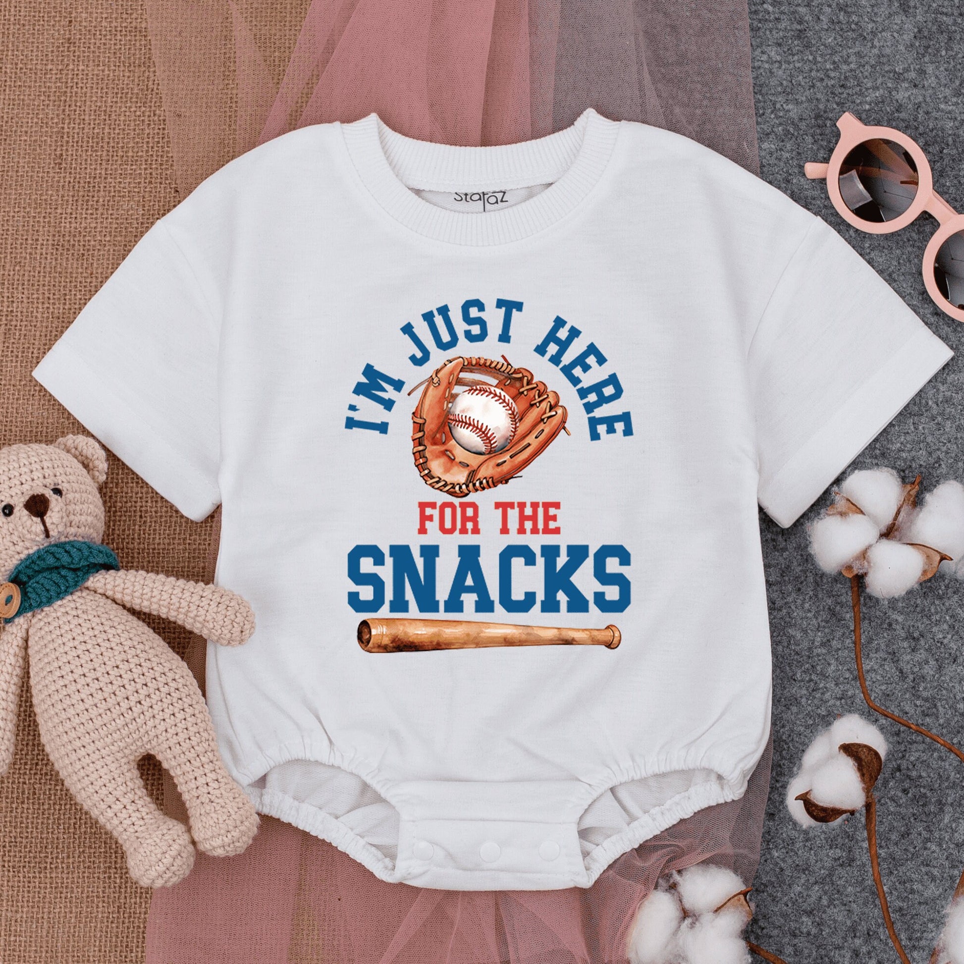 I'm Just Here For The Snacks Bubble Romper Baby Toddler Baseball Game Outfit Short Sleeve Cute Comfort Cotton Summer Playwear
