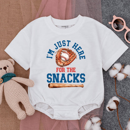 I'm Just Here For The Snacks Bubble Romper Baby Toddler Baseball Game Outfit Short Sleeve Cute Comfort Cotton Summer Playwear