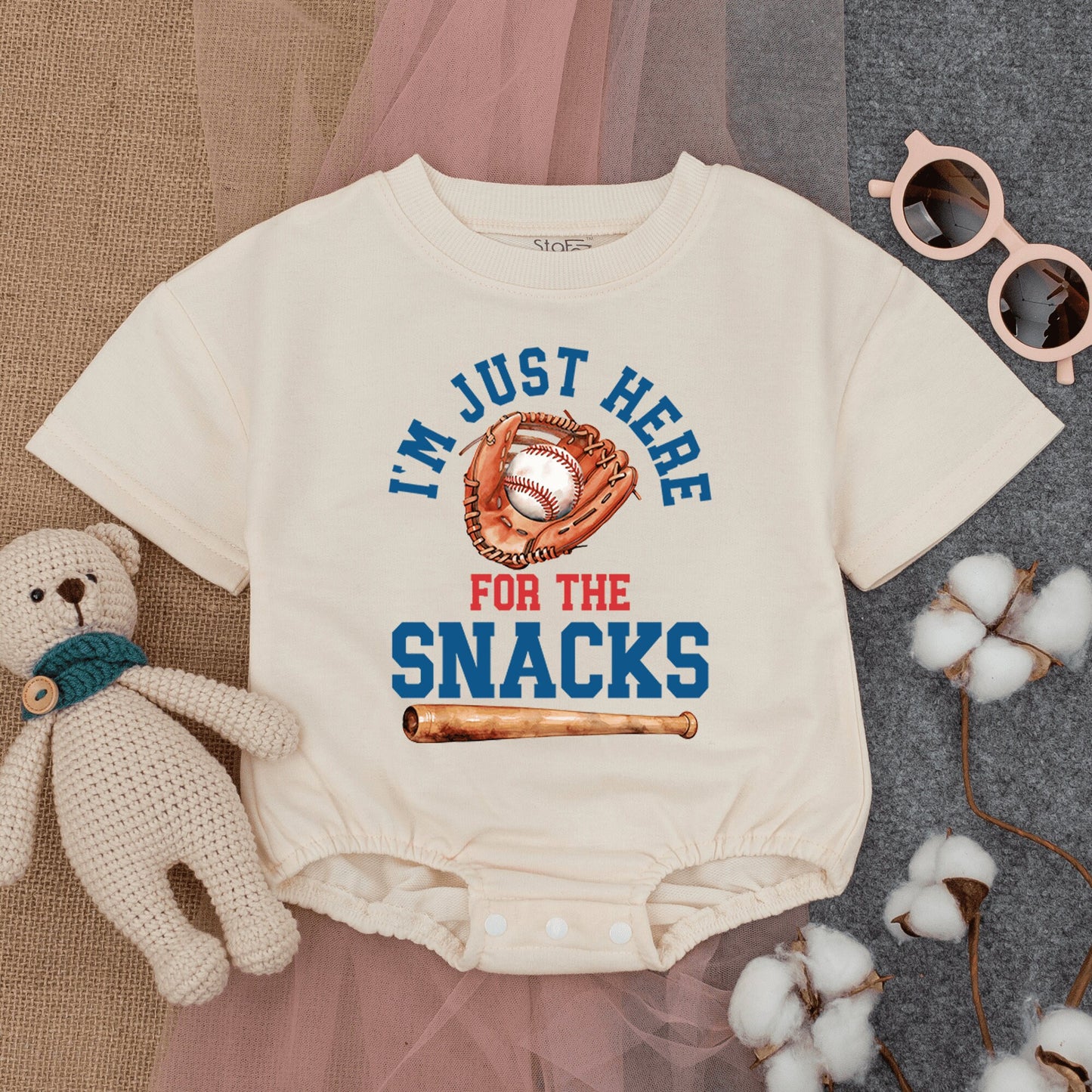 I'm Just Here For The Snacks Bubble Romper Baby Toddler Baseball Game Outfit Short Sleeve Cute Comfort Cotton Summer Playwear
