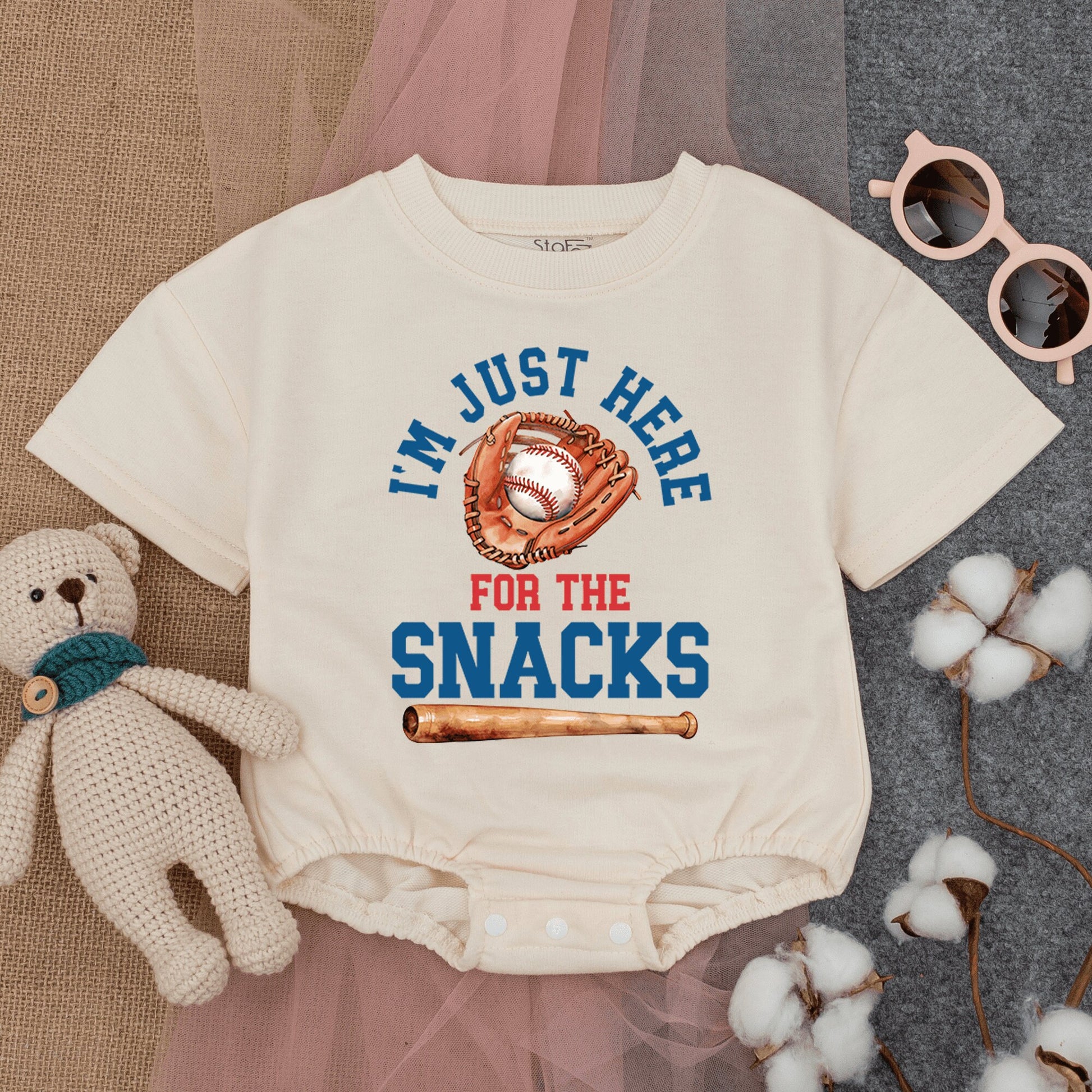 I'm Just Here For The Snacks Bubble Romper Baby Toddler Baseball Game Outfit Short Sleeve Cute Comfort Cotton Summer Playwear