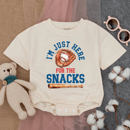 I'm Just Here For The Snacks Bubble Romper Baby Toddler Baseball Game Outfit Short Sleeve Cute Comfort Cotton Summer Playwear