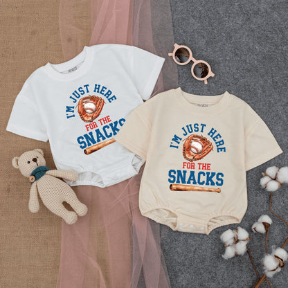 I'm Just Here For The Snacks Bubble Romper Baby Toddler Baseball Game Outfit Short Sleeve Cute Comfort Cotton Summer Playwear