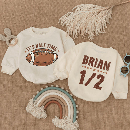 Custom It's Halftime Football Baby Romper Half Birthday Game Day Outfit Infant Bubble Bodysuit Boy Girl Summer Celebration Gift