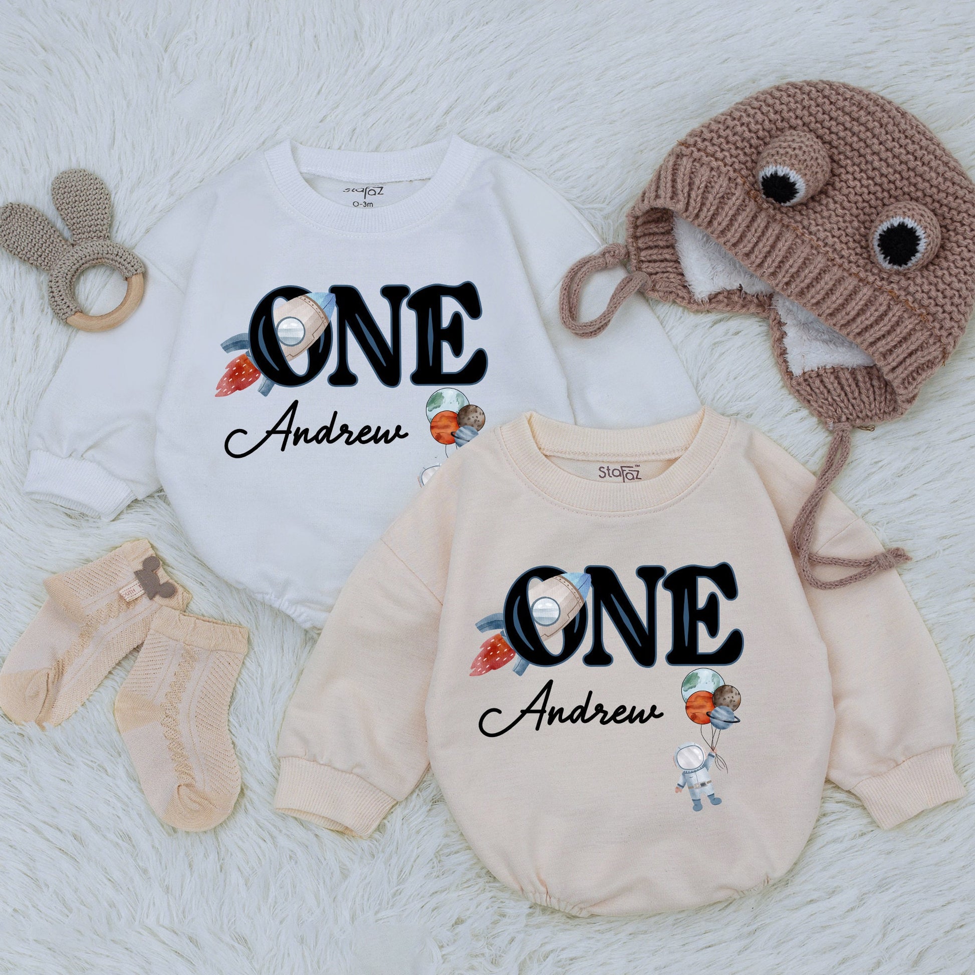 Personalized Space First Birthday Bubble Romper Sweatshirt with Andrew's Name Rocket ONE Astronaut Design for Baby Boy's First Trip Around The Sun