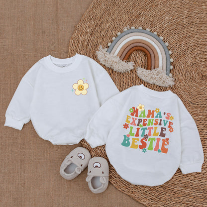 Mama's Expensive Little Bestie Retro Baby Bodysuit Cute Smiley Flower Design Pink Teal Yellow Brown Infant Romper Soft Comfortable Outfit