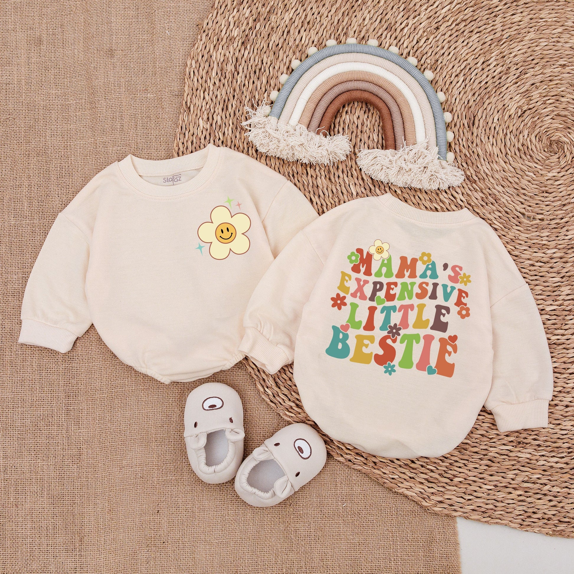 Mama's Expensive Little Bestie Retro Baby Bodysuit Cute Smiley Flower Design Pink Teal Yellow Brown Infant Romper Soft Comfortable Outfit