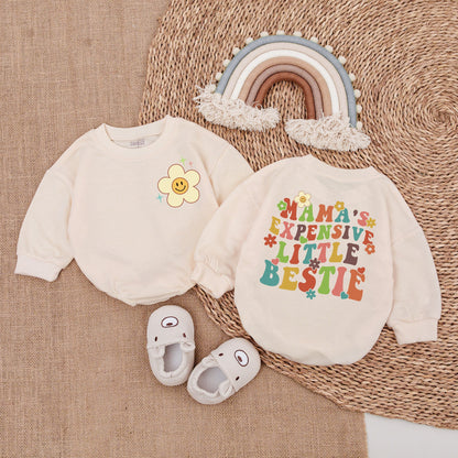 Mama's Expensive Little Bestie Retro Baby Bodysuit Cute Smiley Flower Design Pink Teal Yellow Brown Infant Romper Soft Comfortable Outfit