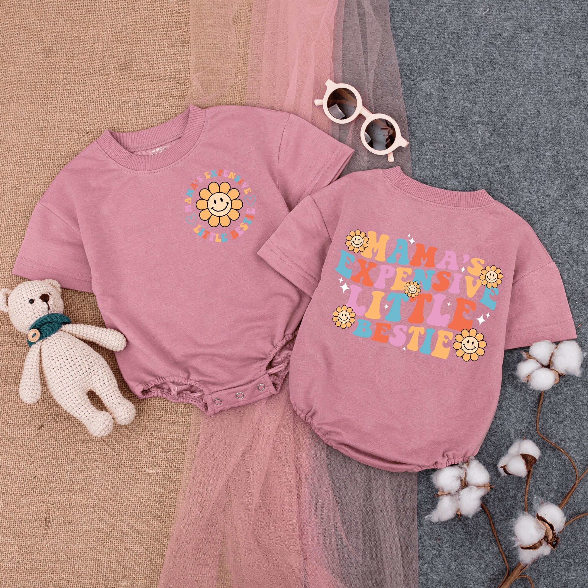 Mama's Expensive Little Bestie Bodysuit Retro Pastel Flowers 70s Inspired Cute Infant Romper Perfect Mom Baby Gift