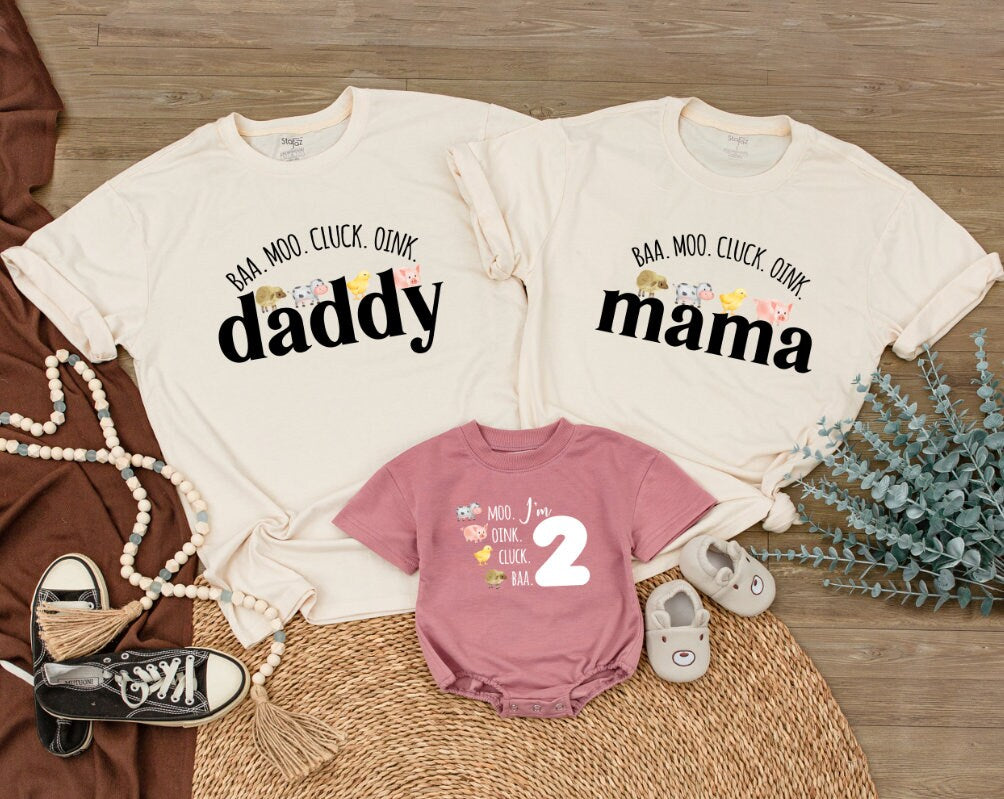 Cluck Oink Baa Moo I'm Two Shirt Adorable Farm Animal 2nd Birthday Outfit for Boys Girls Matching Family Barnyard Celebration