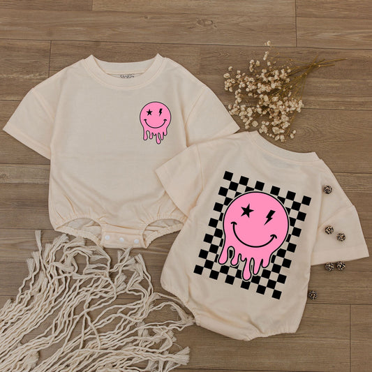 Smiley Face Pink Baby Romper Cute Retro Checkered Toddler Outfit Soft Cotton Baby Shower Gift Newborn Clothes
