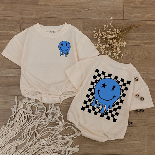 Melting Blue Smiley Face Romper Cute Baby Outfit Happy Face Bodysuit Star Eyes Retro Baby Shower Gift Newborn Clothes