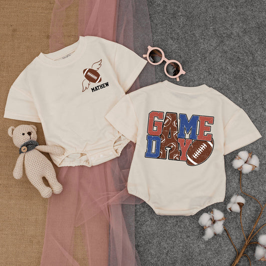 Custom "Mathew" Football Wings Romper for Baby Boys & Girls Game Day Outfit Vintage Football Style Infant Bodysuit