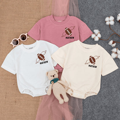 Custom "Mathew" Football Wings Romper for Baby Boys & Girls Game Day Outfit Vintage Football Style Infant Bodysuit