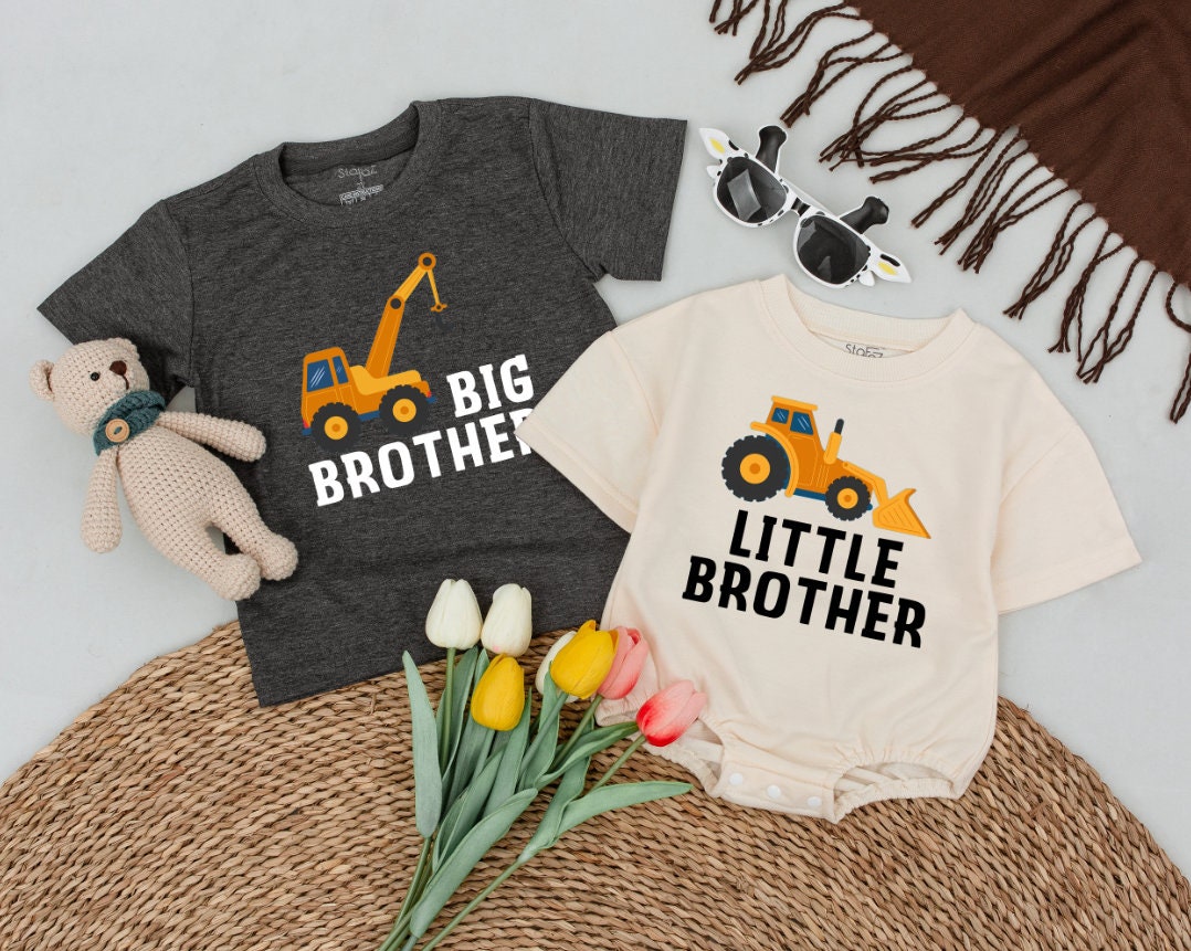 Matching Construction Truck Shirts for Big & Little Brothers, Personalized Sibling Announcement Outfit, Birthday Gift, Toddler Boy