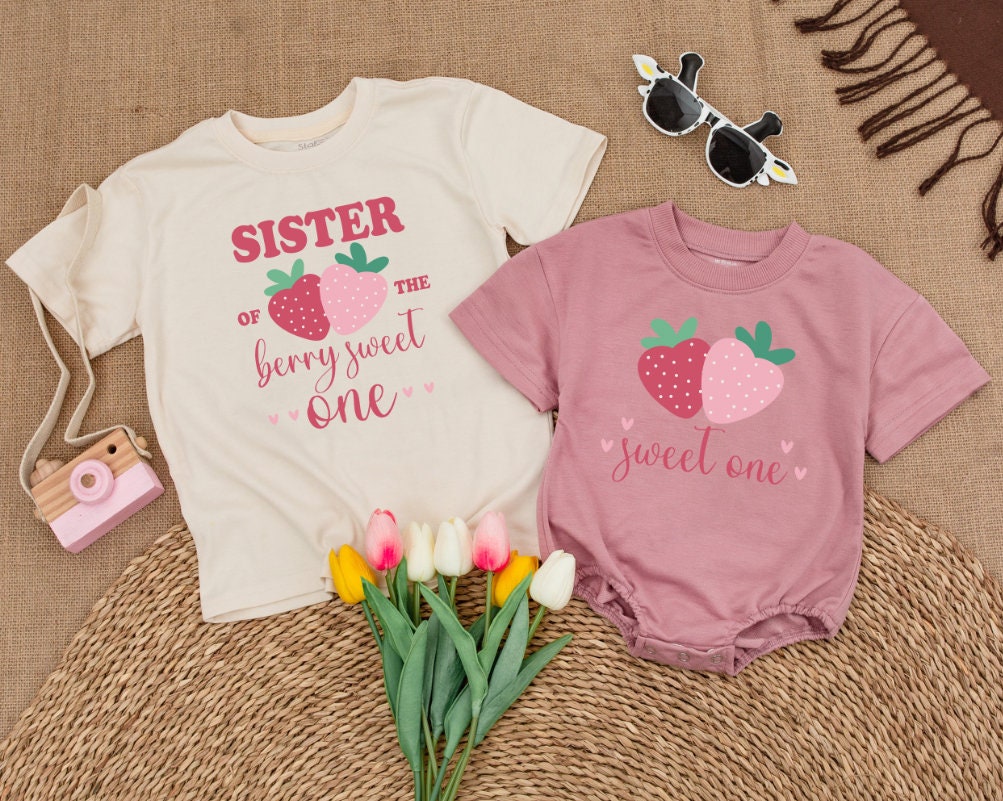Berry Sweet First Birthday Family Shirts Mommy & Me Strawberry Matching Outfits Toddler 1st Birthday Party Celebration Cotton Tees