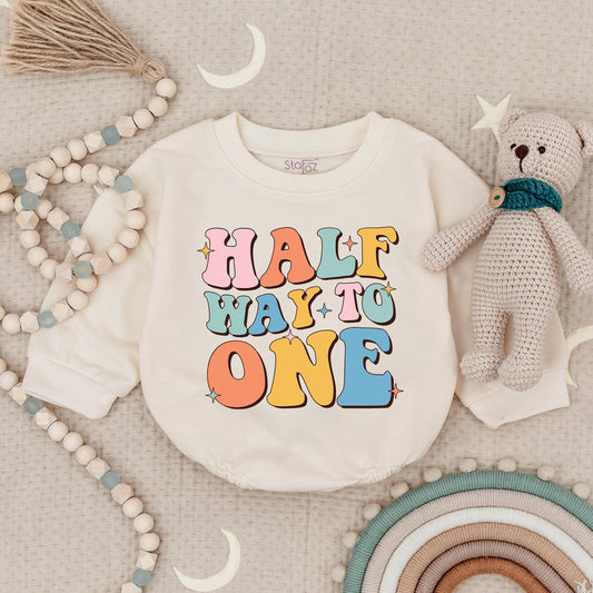 Half Way To One Birthday Bubble Romper Bodysuit Baby Outfit for Boy or Girl Adorable Newborn Infant Half Birthday Celebration Gift Idea