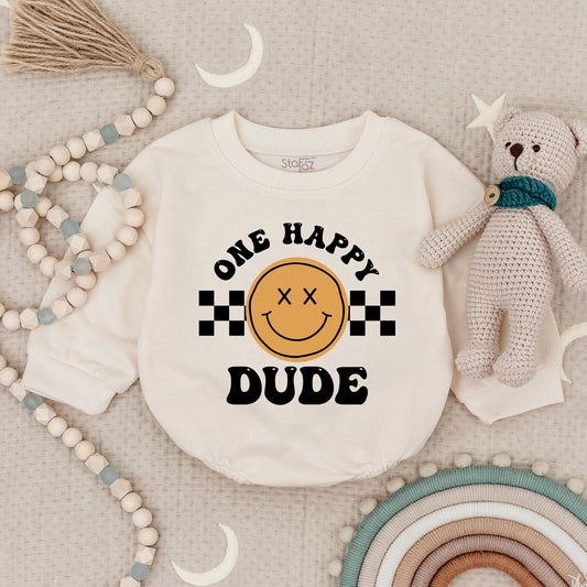 One Happy Dude Retro Smiley Face Birthday Romper Baby Infant Oversized Crewneck Outfit Cute Toddler First Birthday Celebration Gift