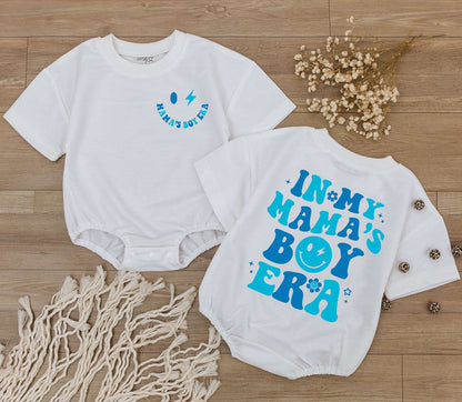 In My Mama's Boy Era Romper Retro Newborn Bodysuit with Blue Floral Lettering Playful Infant Clothes Baby Shower Gift Matching Family Outfit Announcement 139
