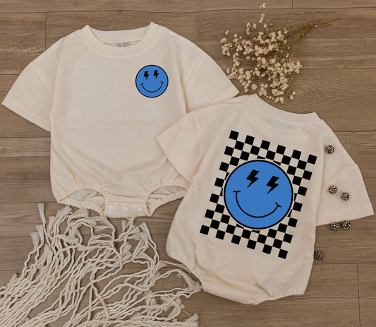 Retro Blue Smiley Face Romper with Lightning Eyes and Checkered Back Outfit Baby Toddler Clothes Perfect Baby Shower Gift Newborn Essentials