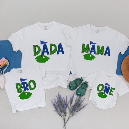 Playful Matching Golf Birthday Shirts Two-Toned Dada Mama Bro One Design First Birthday Hole in One Party Family Outfit Tee