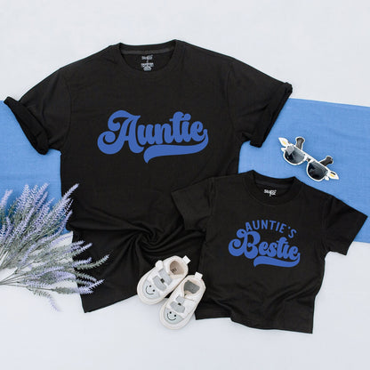 Auntie & Auntie's Bestie Matching Retro Shirts Cute Blue Cursive Font Family Gift Set Toddler Baby
