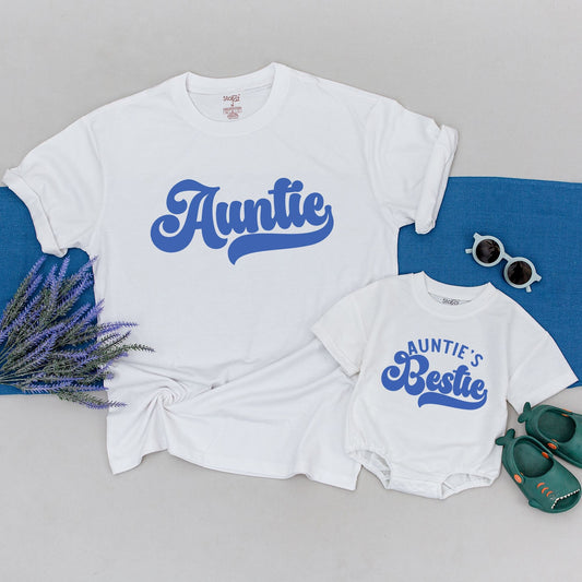 Auntie & Auntie's Bestie Matching Retro Shirts Cute Blue Cursive Font Family Gift Set Toddler Baby