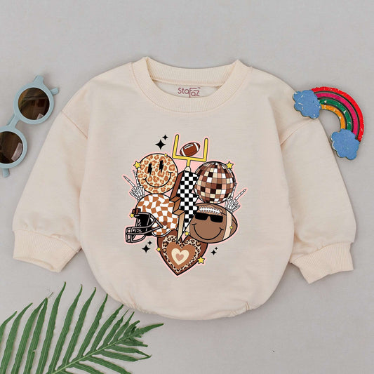 Retro Football Baby Romper Disco Ball & Goal Post Design Natural Tan Brown Black Vintage Groovy Baby Boy Outfit Kid