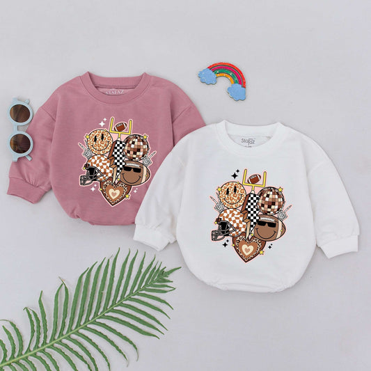 Retro Football Baby Romper Disco Ball & Goal Post Design Natural Tan Brown Black Vintage Groovy Baby Boy Outfit Kid