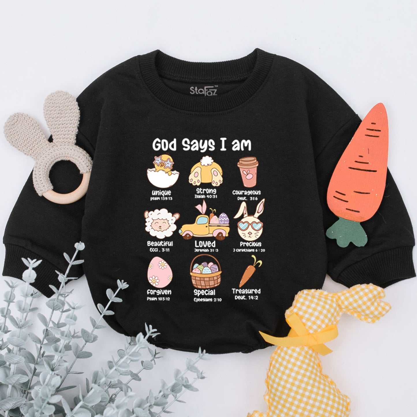 Easter Affirmation Baby Romper: "Unique, Strong, Beautiful" Pastel Cartoon Bunny Sleepsuit, Religious Easter Gift, Baby Shower Gift (139 chars)