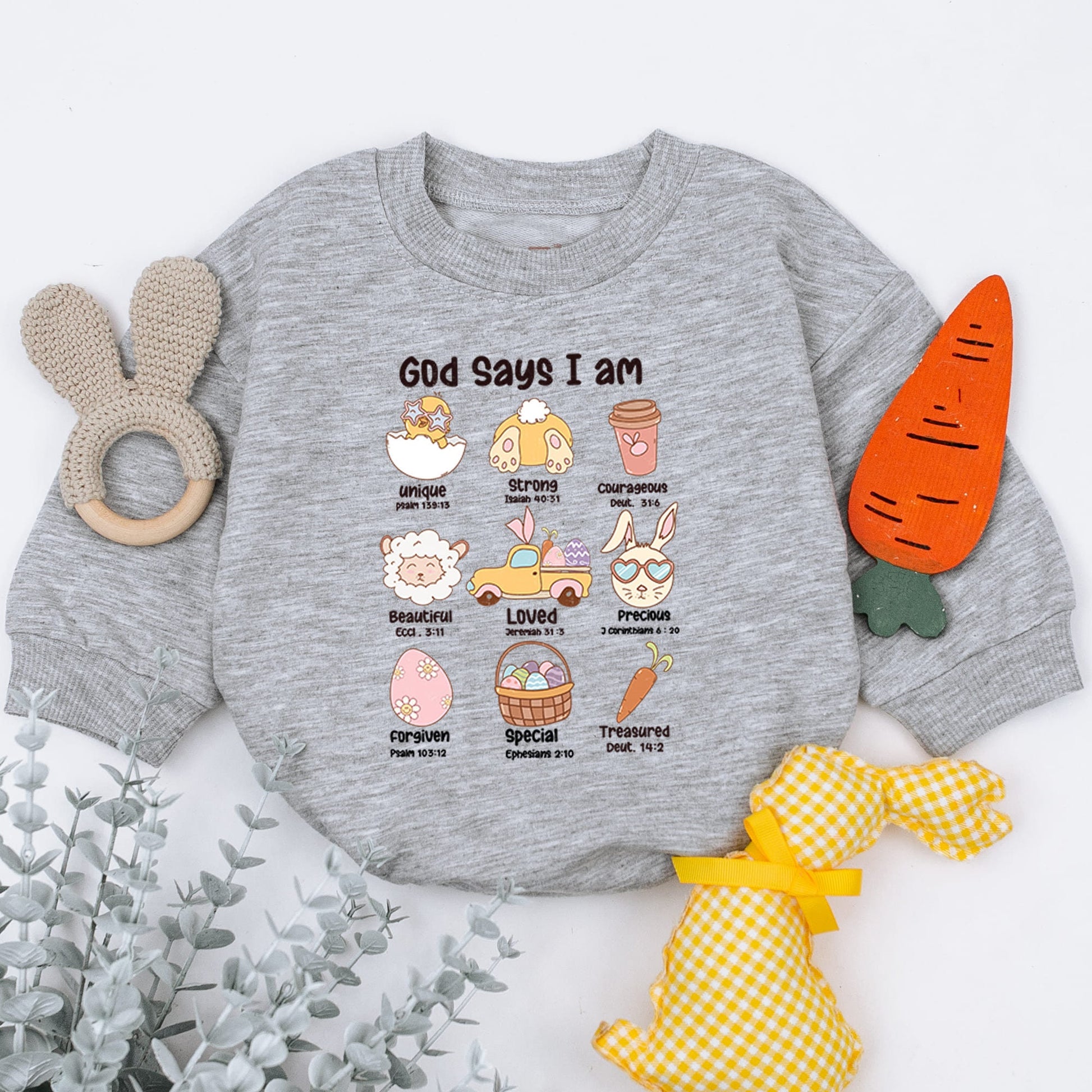 Easter Affirmation Baby Romper: "Unique, Strong, Beautiful" Pastel Cartoon Bunny Sleepsuit, Religious Easter Gift, Baby Shower Gift (139 chars)