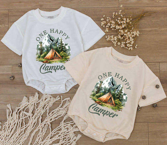 Cute One Happy Camper Baby Romper 1st Birthday Outfit Summer Bodysuit Newborn Shower Gift Gender Neutral Funny Adventure Party Clothes Toddler Infant