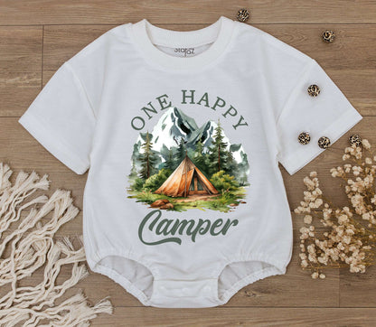 Cute One Happy Camper Baby Romper 1st Birthday Outfit Summer Bodysuit Newborn Shower Gift Gender Neutral Funny Adventure Party Clothes Toddler Infant