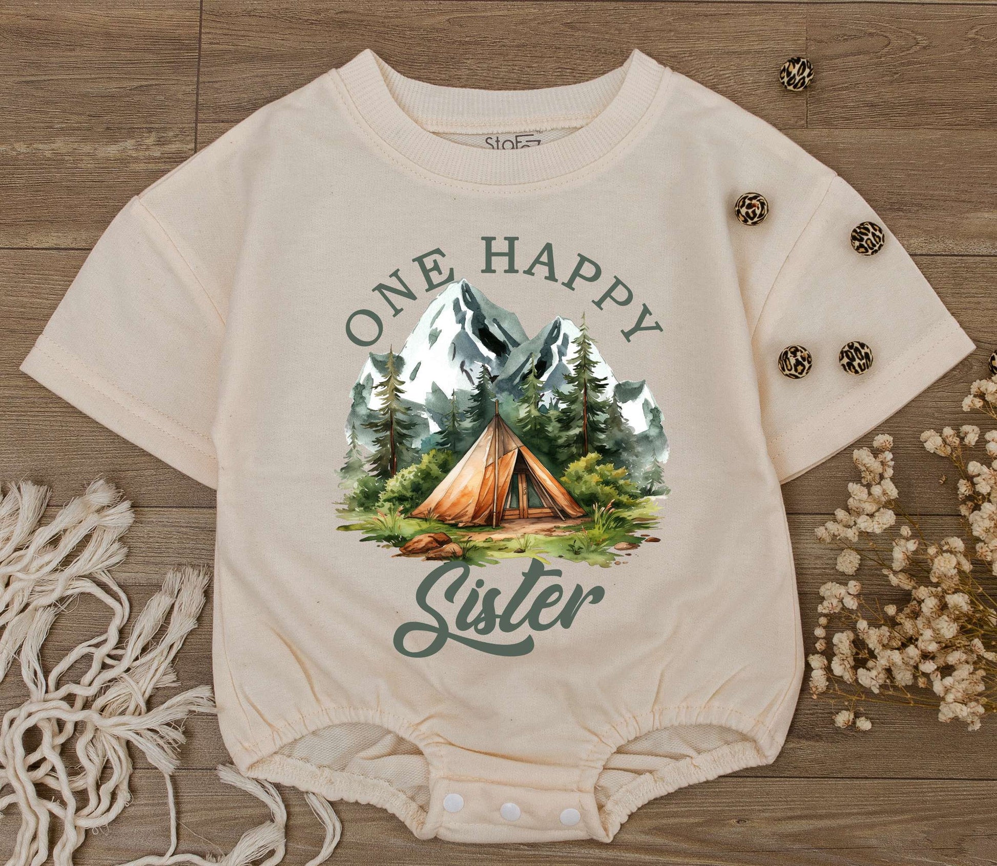 One Happy Sister Baby Romper with Mountain Camping Design Newborn Bodysuit First Birthday Gift Big Sister Rustic Summer Adventure Outfit