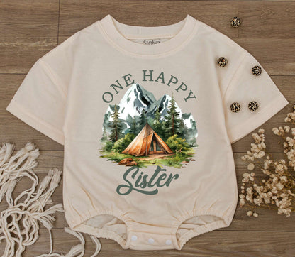One Happy Sister Baby Romper with Mountain Camping Design Newborn Bodysuit First Birthday Gift Big Sister Rustic Summer Adventure Outfit