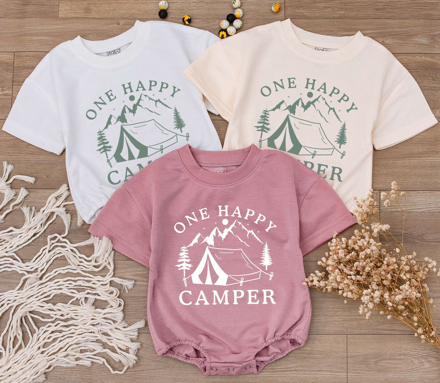 One Happy Camper Baby Romper: Muted Green Camping Design Newborn Bodysuit, 1st Birthday Outfit, Summer Party Clothes, Baby Shower Gift